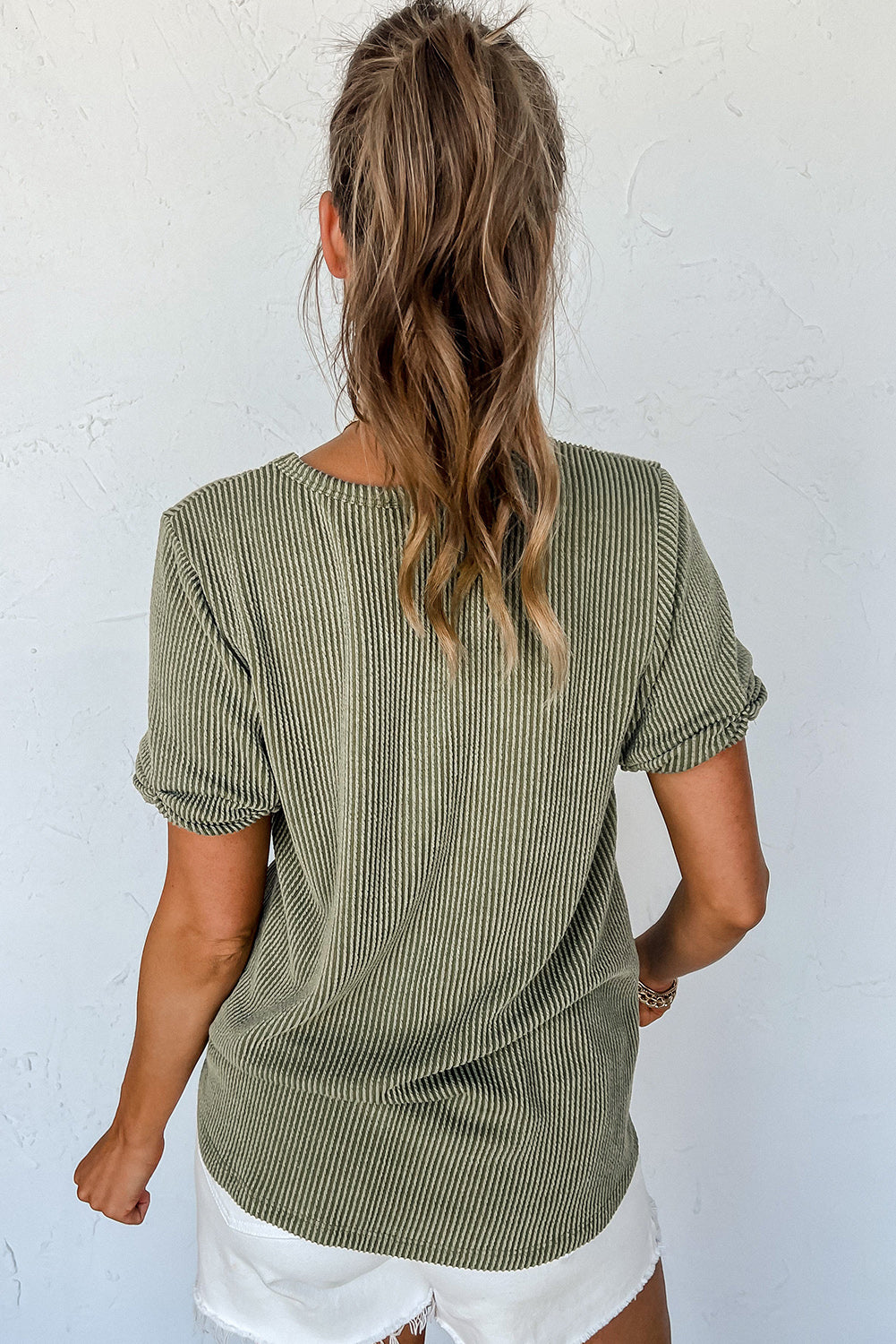 Carbon Grey Twist Short Sleeve Corded V Neck Top