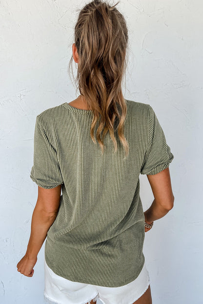 Carbon Grey Twist Short Sleeve Corded V Neck Top