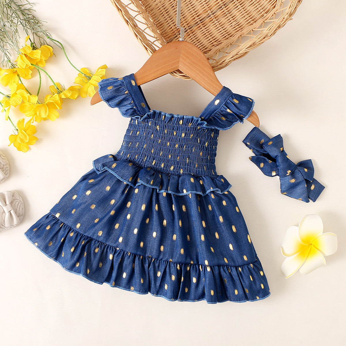 Polka Dot Smocking Suspender Skirt Headscarf