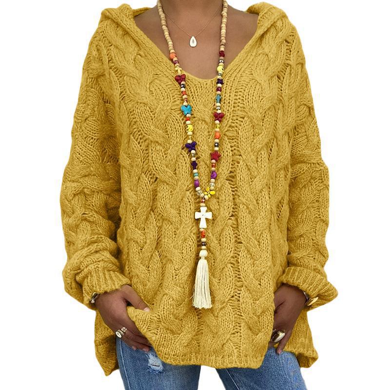 Solid Color Twist Knitted Hoodie Sweater For Women