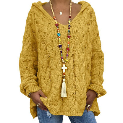 Solid Color Twist Knitted Hoodie Sweater For Women