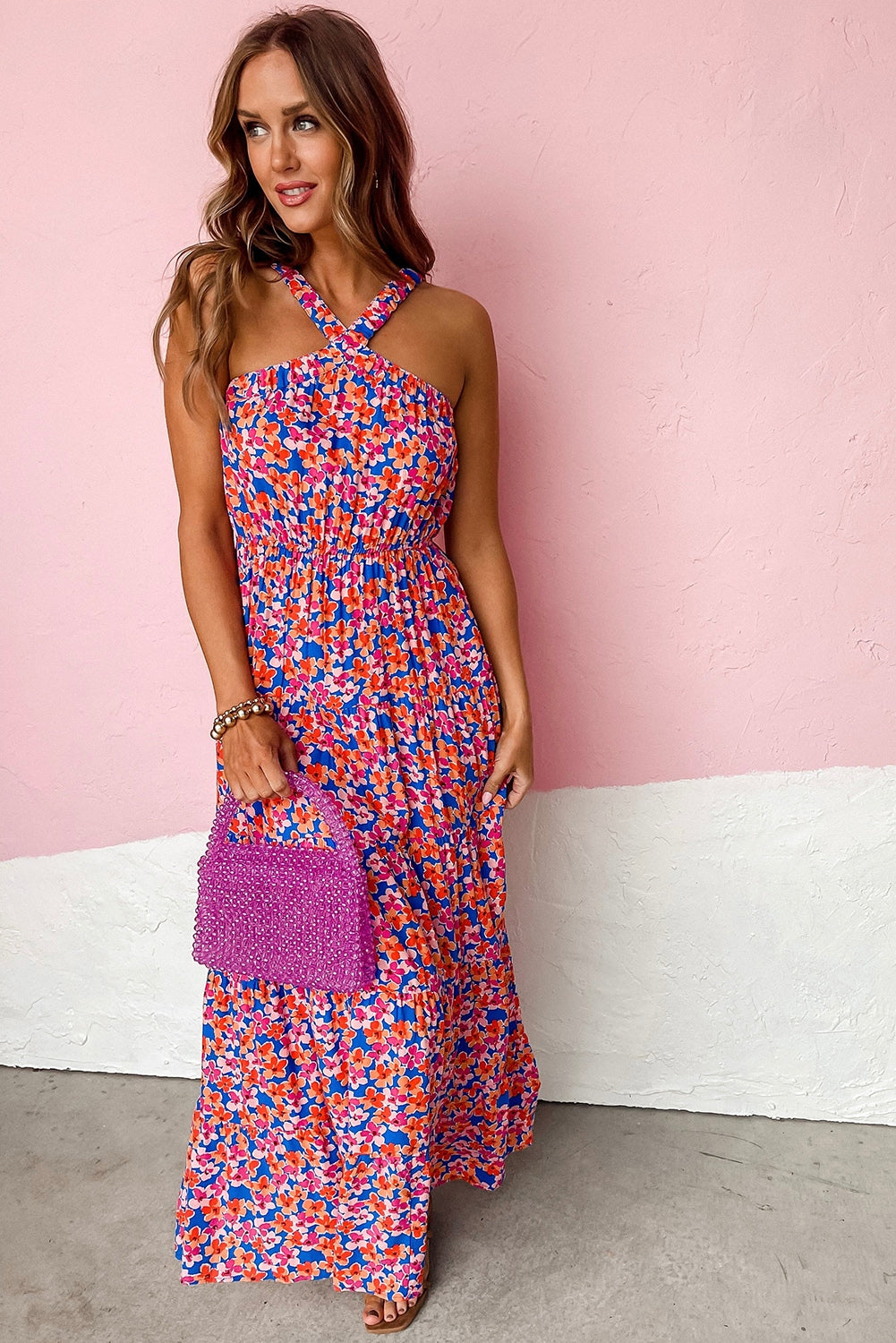 Red Floral Halter Maxi Dress