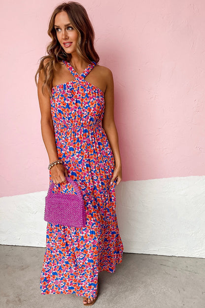 Red Floral Halter Maxi Dress