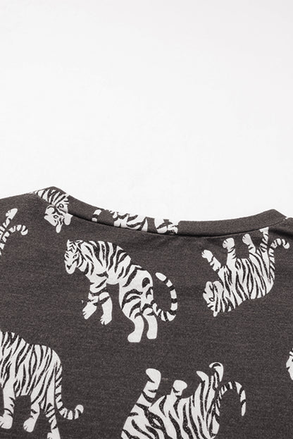 Black Plus Size Cheetah Print Puff Sleeve Ruffle Mini Dress