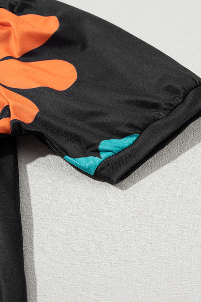 Black Flower/Bowknot Print Bubble Sleeve Tee