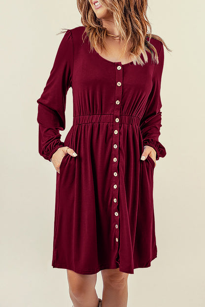 Orange Button Up High Waist Long Sleeve Dress