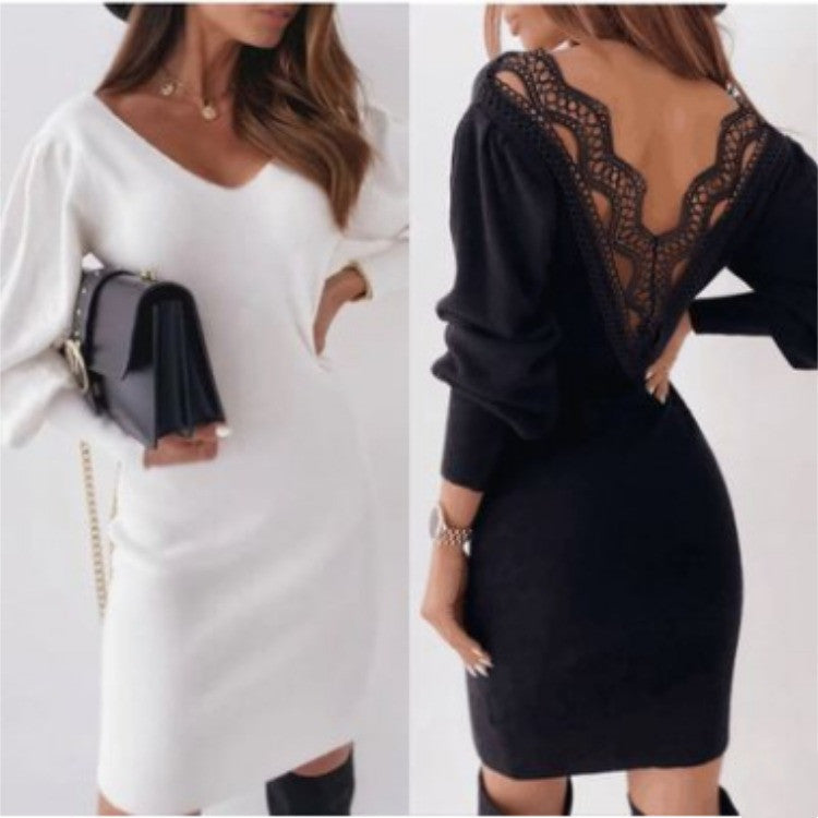 Autumn And Winter Lace Back Long-sleeved Dress Women's Clothing