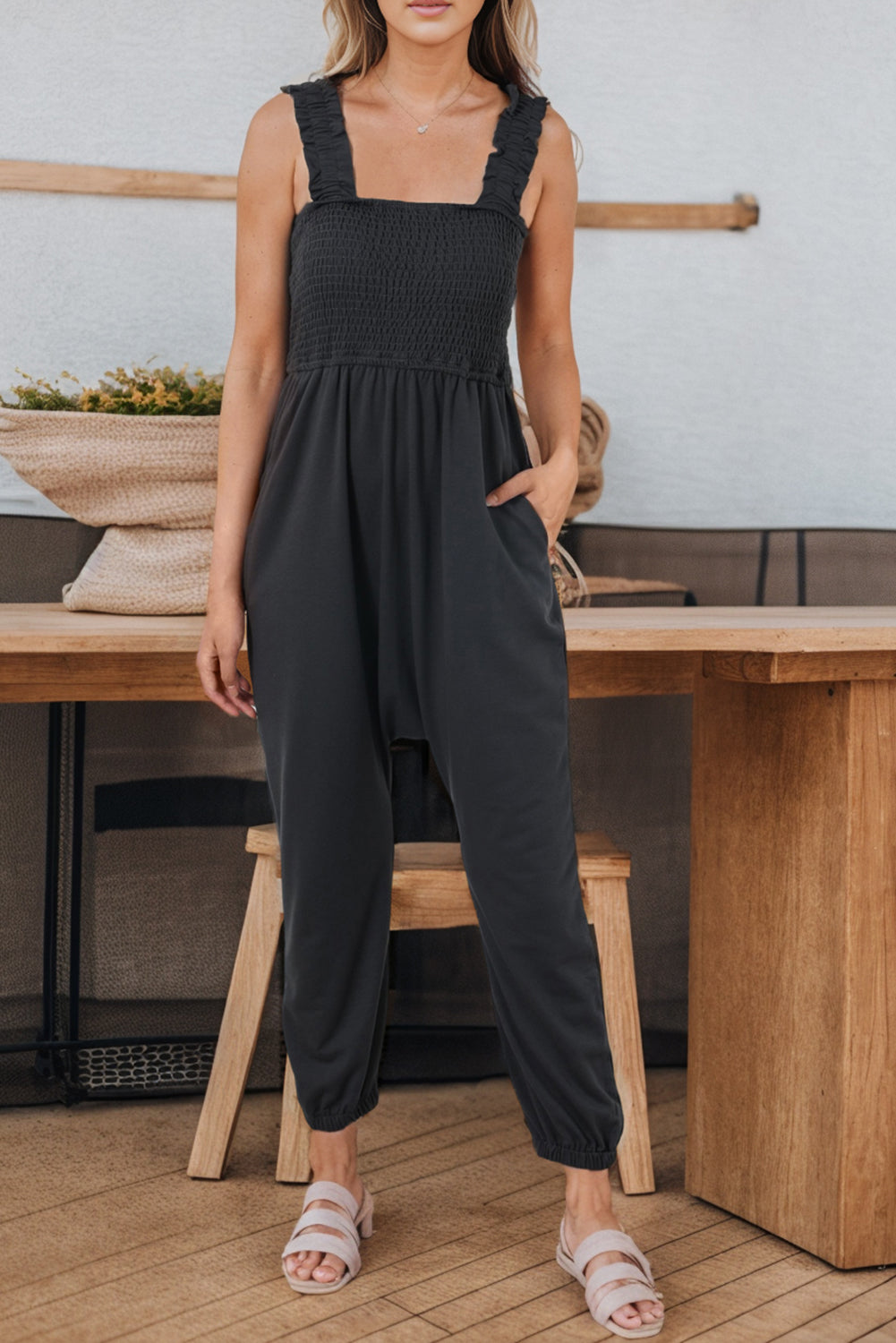 Gray Smocked Ruffled Straps High Waist Sleeveless Jumpsuit