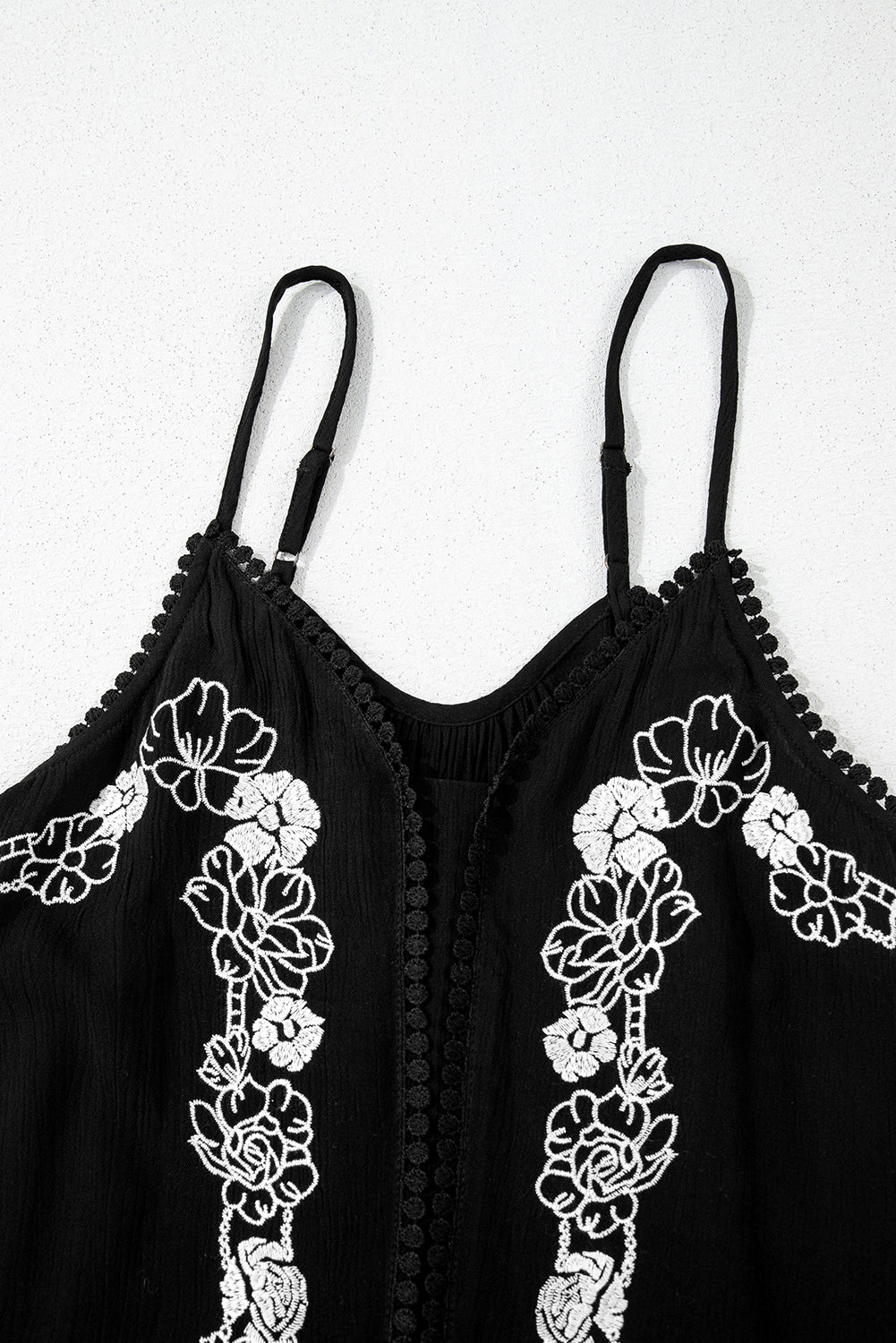 Black Floral Embroidery Ruffled Spaghetti Straps Tank Top