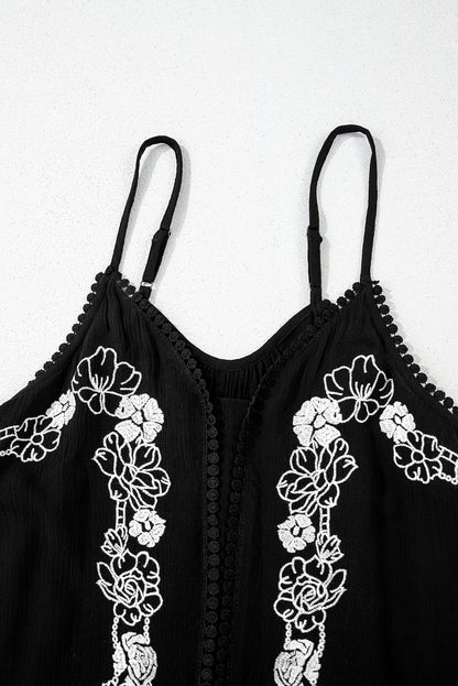 Black Floral Embroidery Ruffled Spaghetti Straps Tank Top
