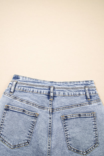 Beau Blue Rhinestone Light Wash Raw Hem High Waist Denim Shorts