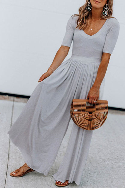 Gray Short Sleeve Bodice Flowy Wide Leg Jumpsuit