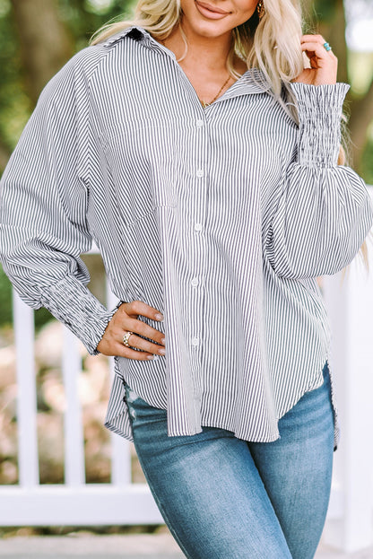 Sky Blue Smocked Cuffed Striped Boyfriend Shirt with Pocket