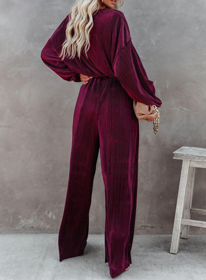 Women's Round-neck Long Sleeve Short Top And Wide Leg Pants Suit