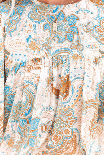 Sky Blue Paisley Pattern Print Drawstring V Neck Blouse