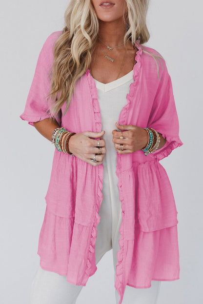 Gray Ruffled Trim Half Sleeve Open Front Kimono