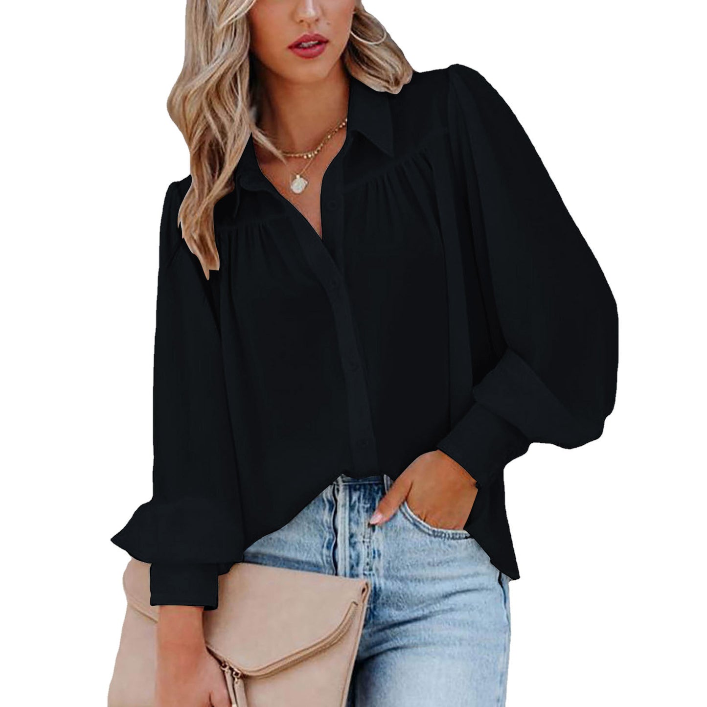 Lantern Sleeve Pleated Solid Color Loose Shirt Long Sleeve Women's Clothing