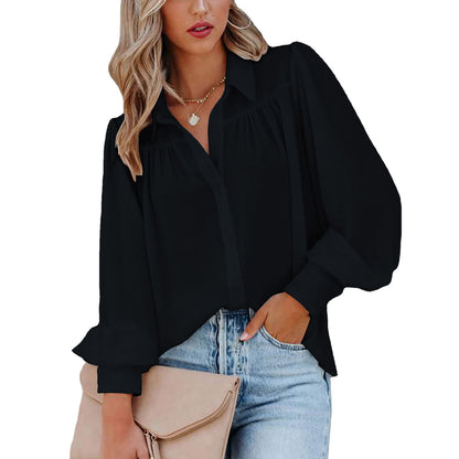 Lantern Sleeve Pleated Solid Color Loose Shirt Long Sleeve Women's Clothing