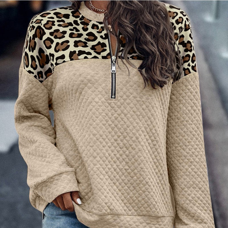 Winter New Leopard Splicing Drop Shoulder Zipper Sweater For Women