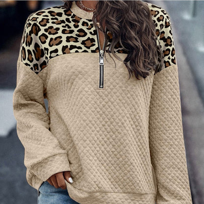 Winter New Leopard Splicing Drop Shoulder Zipper Sweater For Women
