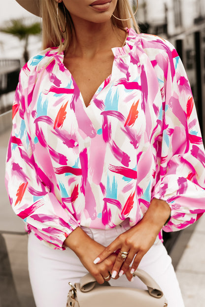 Pink Abstract Brush Print Loose Fit Blouse
