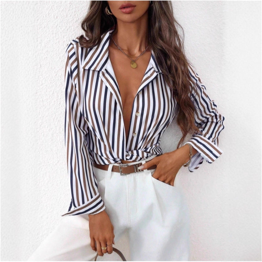 Womens Single-breasted Long-sleeve Casual Striped Shirt