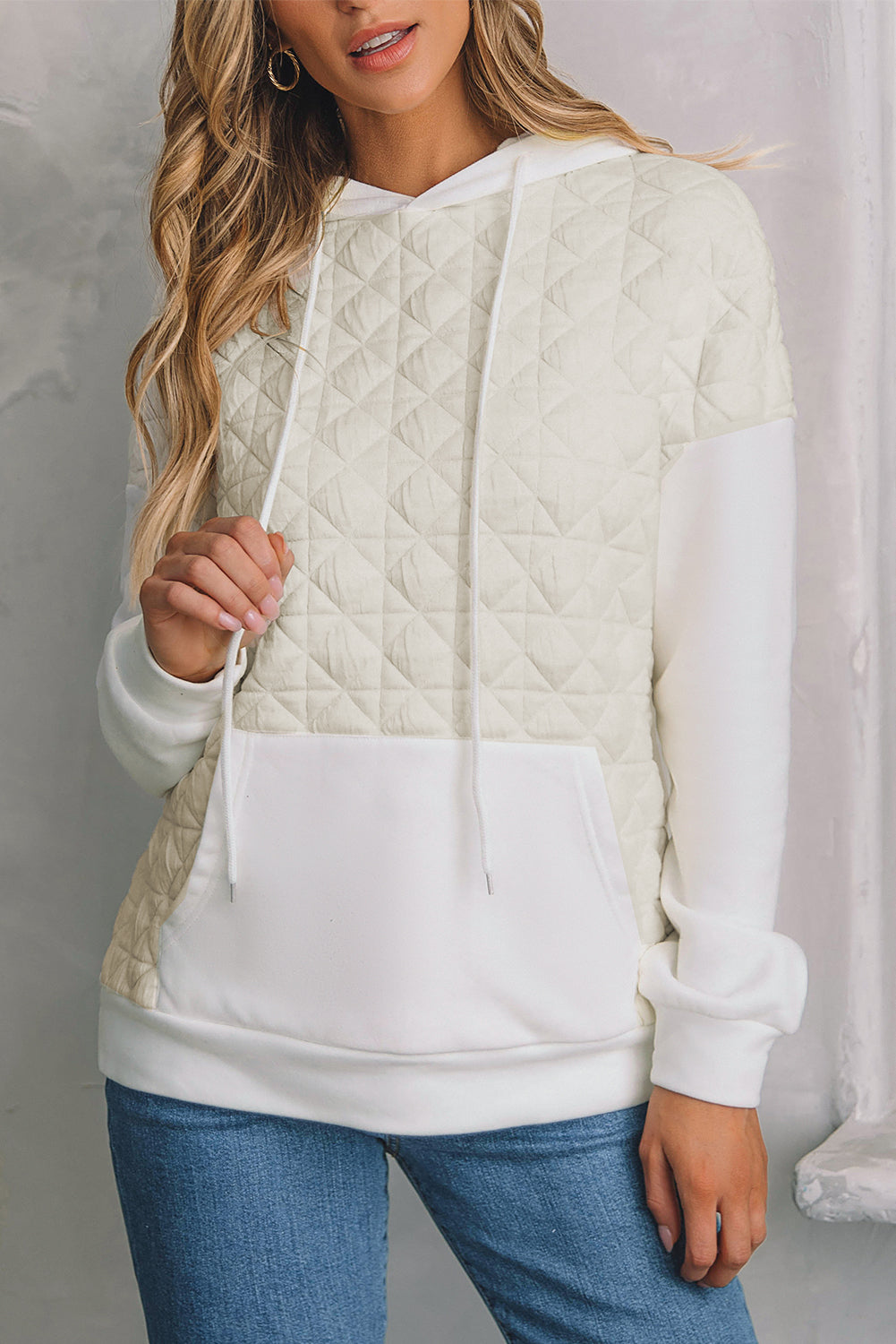 Beige Quilted V Neck Hoodie Drawstring Shorts Set