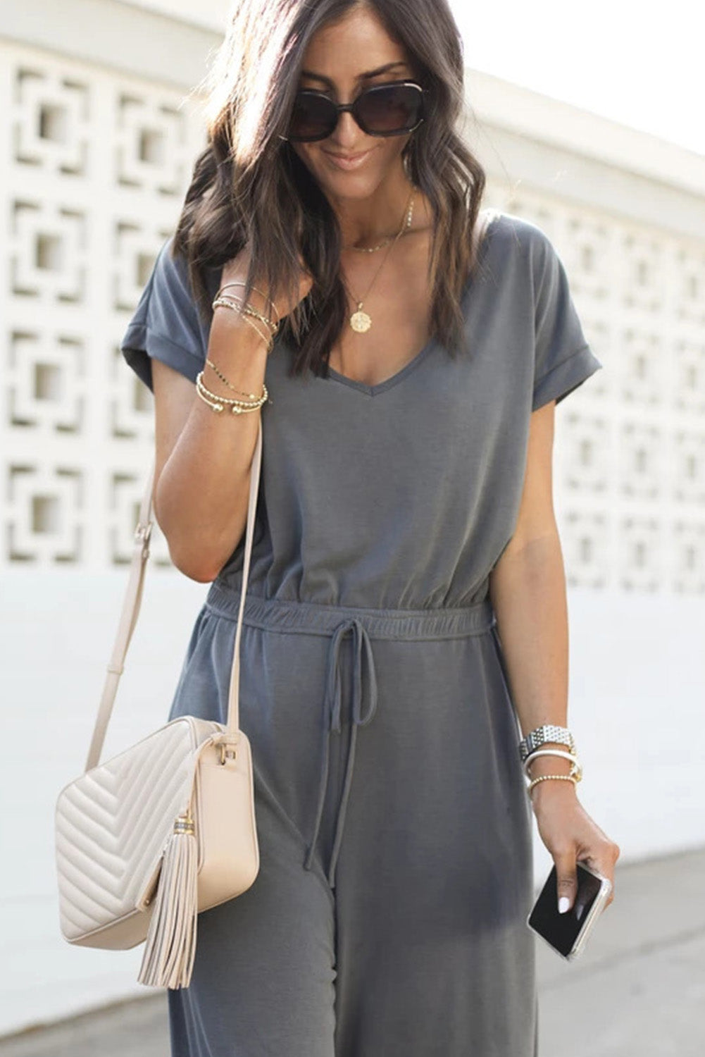 Gray Drawstring Waist Short Sleeve Wide Leg Jumpsuit