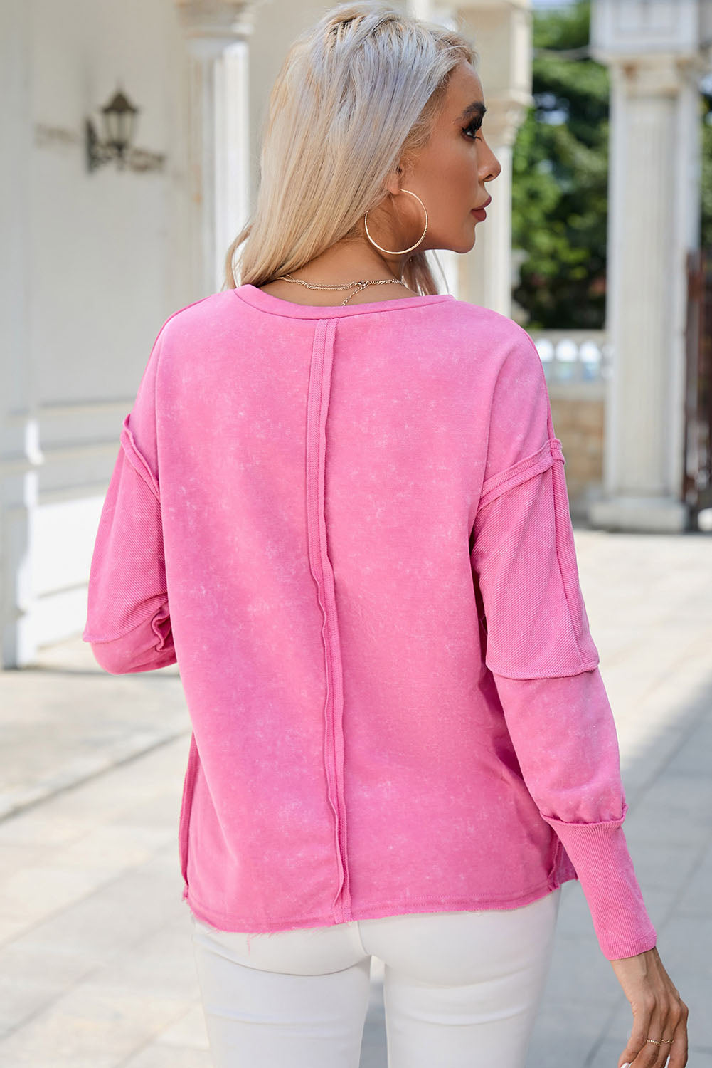 Rose Exposed Seamed High Low Raw Edge Sweatshirt
