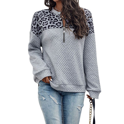 Winter New Leopard Splicing Drop Shoulder Zipper Sweater For Women