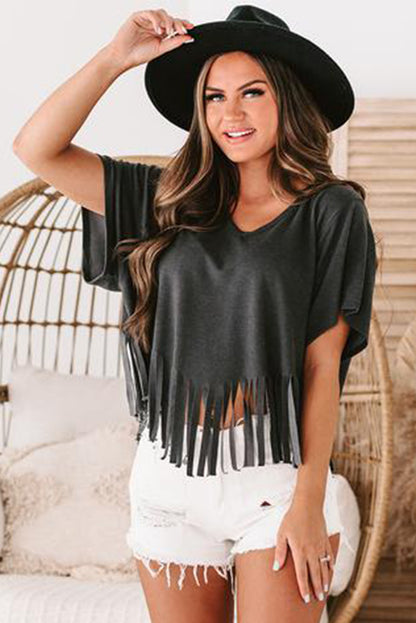 Red Fringe Hem V Neck T Shirt