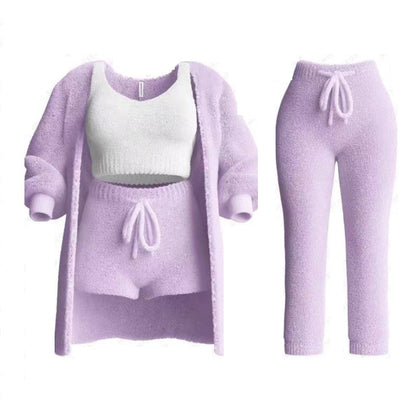 Autumn And Winter New Knitted Plush Long Sleeve Coat Vest Shorts Four-piece Set