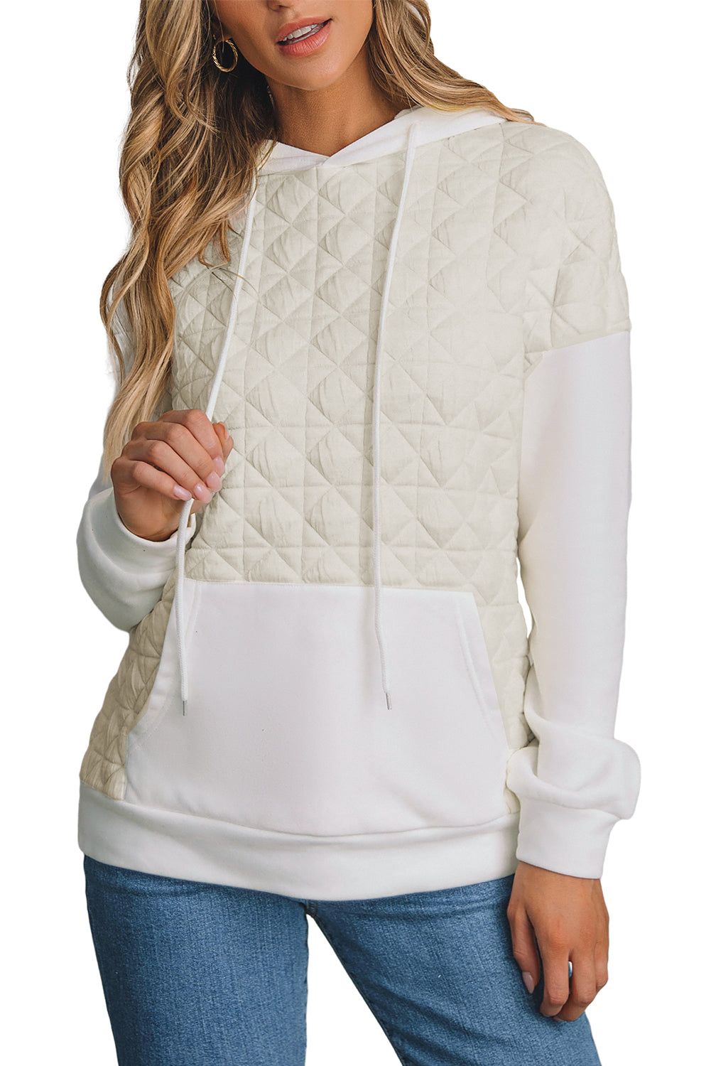 Beige Quilted V Neck Hoodie Drawstring Shorts Set