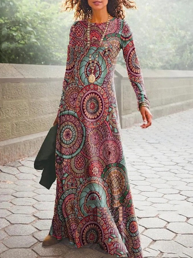 Women's Cotton Printed Round Neck Wide Hem Long Sleeve Dress