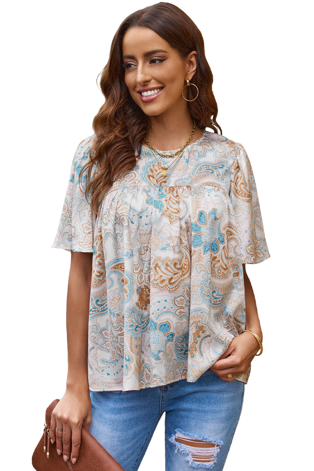 Sky Blue Paisley Pattern Print Drawstring V Neck Blouse