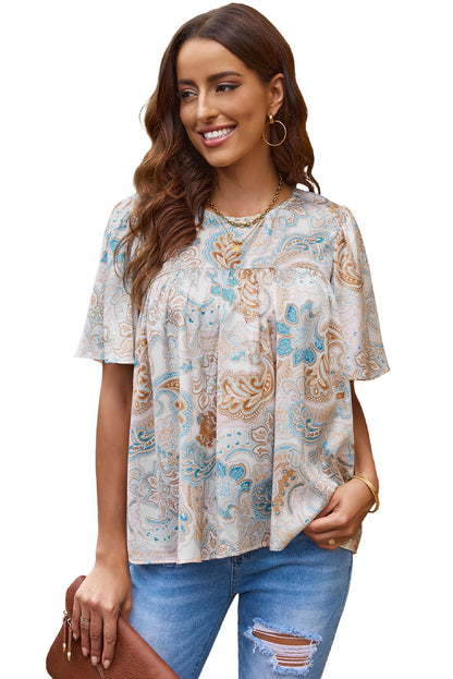 Sky Blue Paisley Pattern Print Drawstring V Neck Blouse