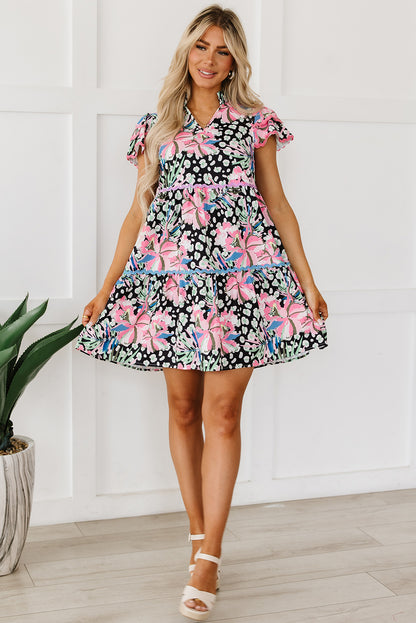 Pink Leopard Floral Print Wavy Embellished Mini Dress