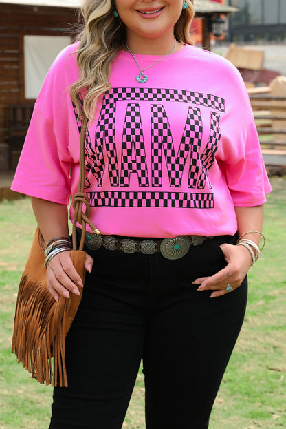 Bright Pink Checker MAMA Letter Printed Graphic Plus Size T Shirt