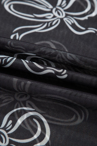 Black Round Neck Bow Print Long Sleeve Mesh Top