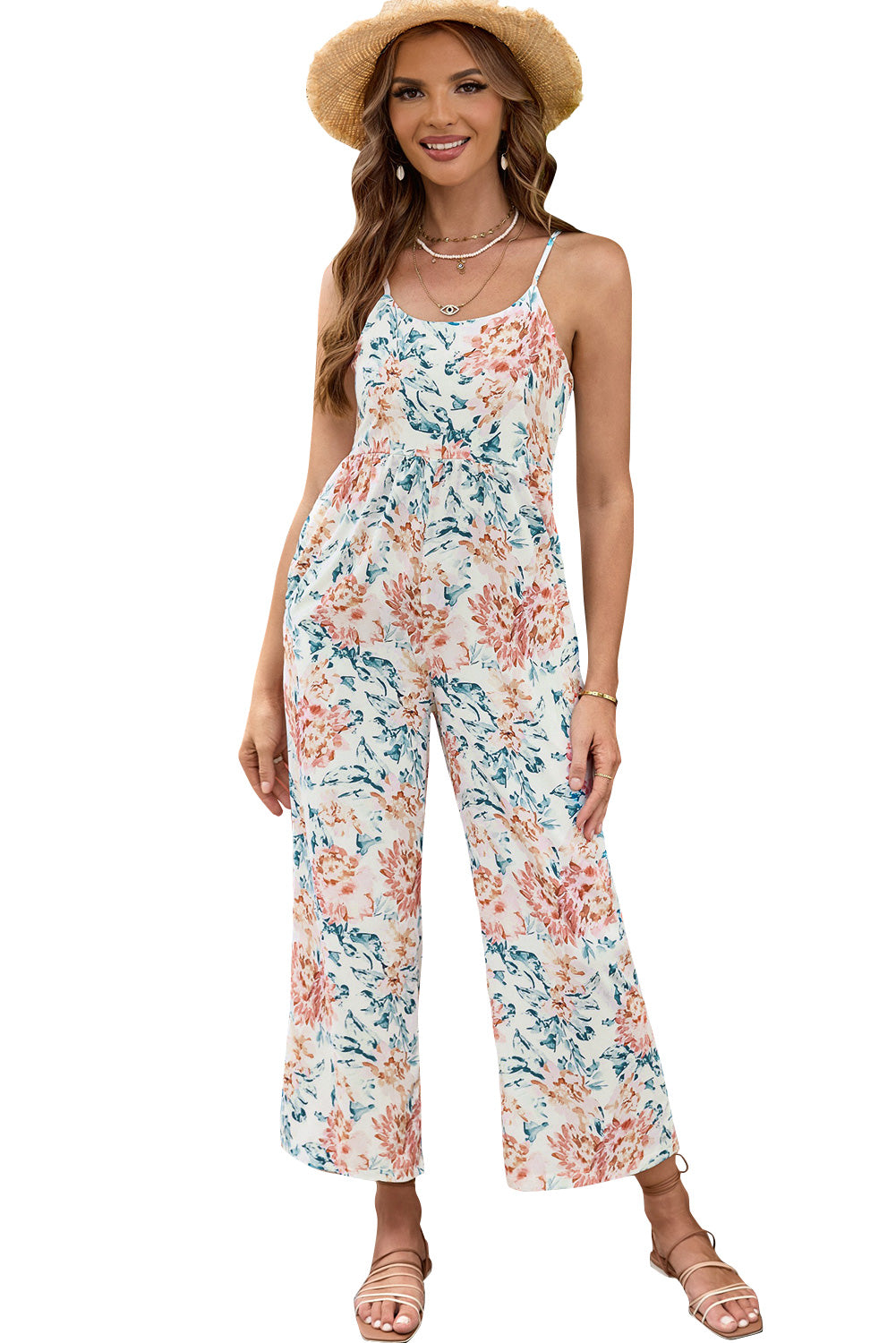 White Plus Size Floral Print Sleeveless Wide Leg Jumpsuit