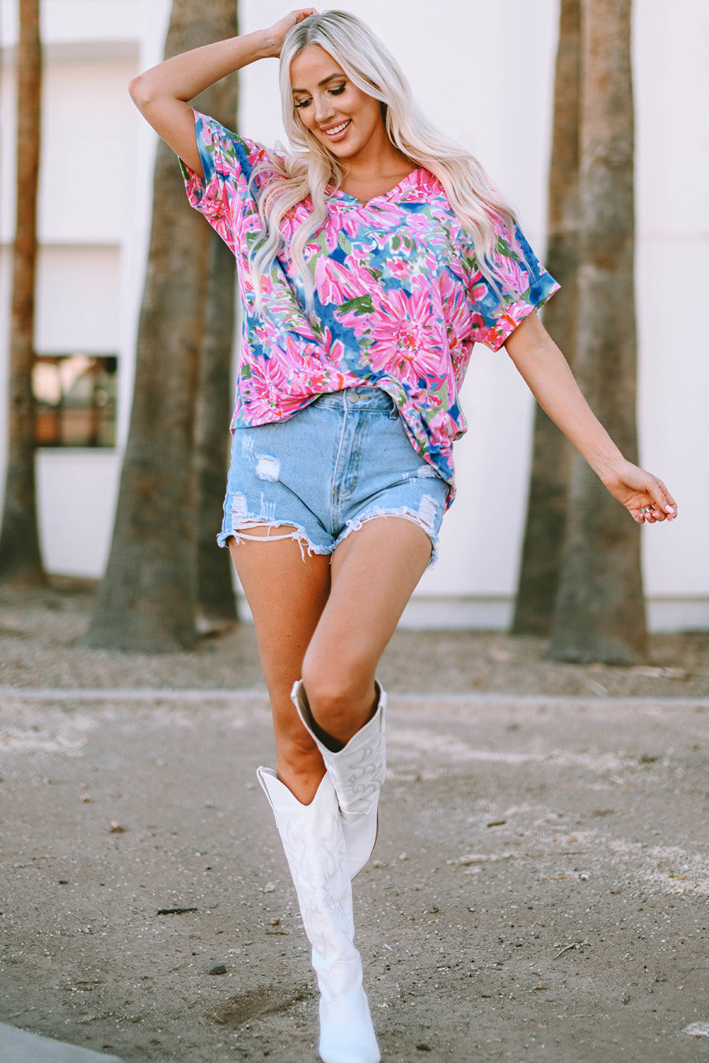 Pink Floral Print Buttoned V Neck Shirt