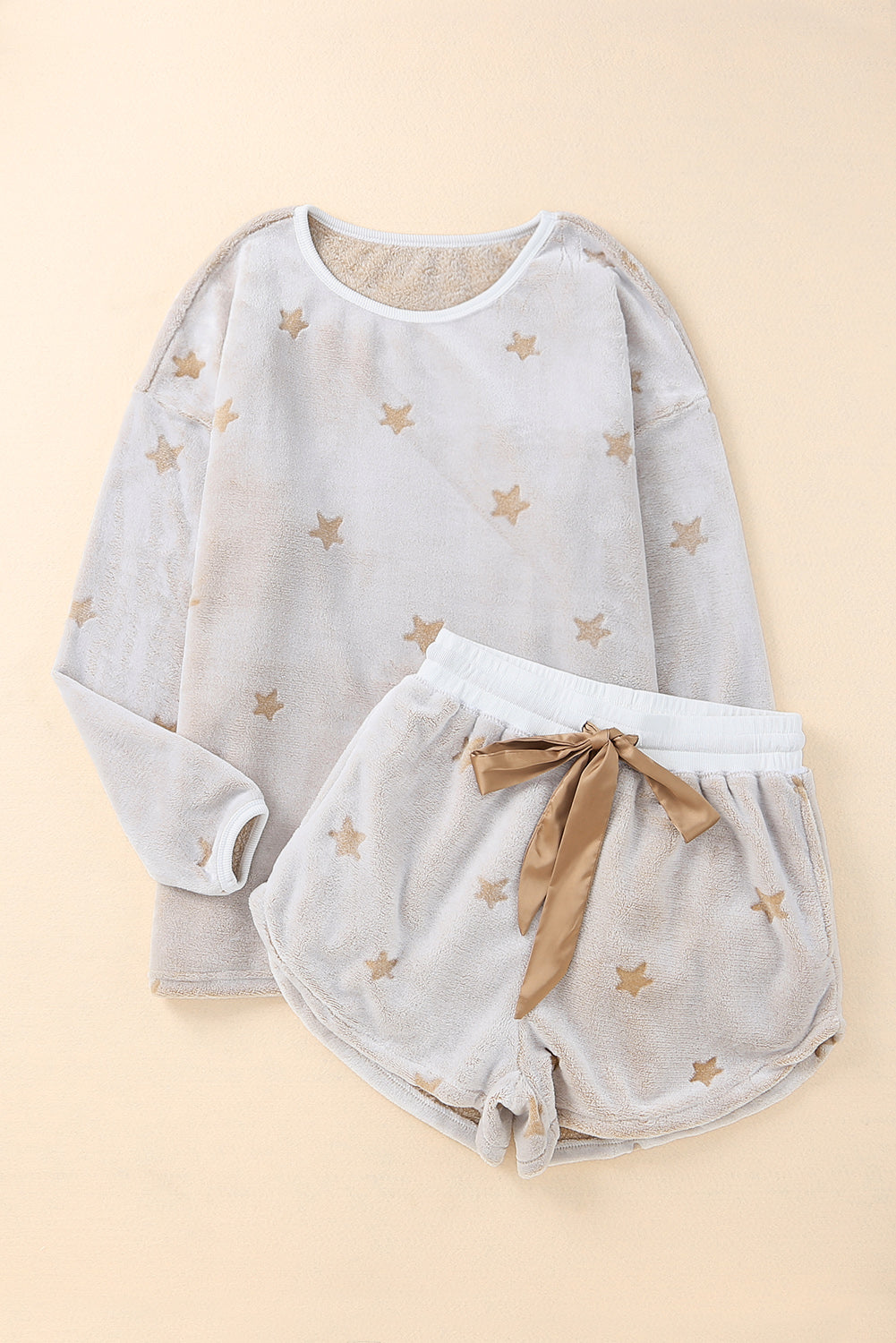 White Plus Size Plush Star Pattern Top and Shorts Set