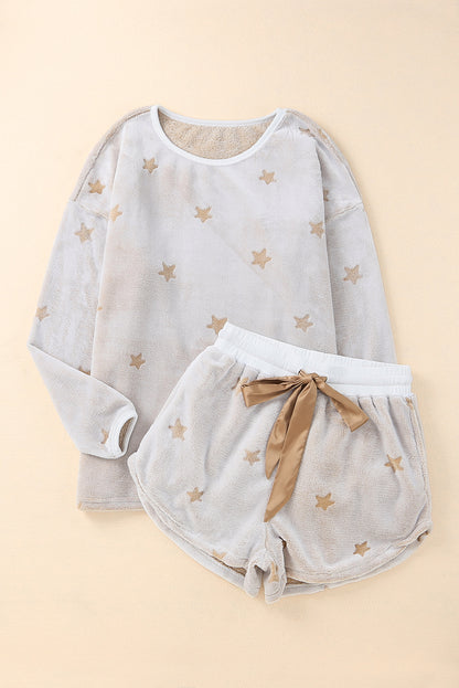 White Plus Size Plush Star Pattern Top and Shorts Set