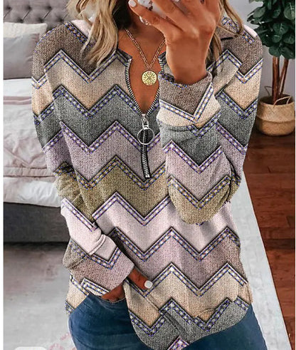 Striped Printed Long-sleeve Zipper Foreign Trade Women's Top