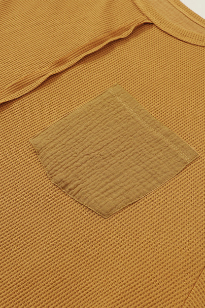 Chestnut Leopard Patchwork Chest Pocket Corded Henley Top