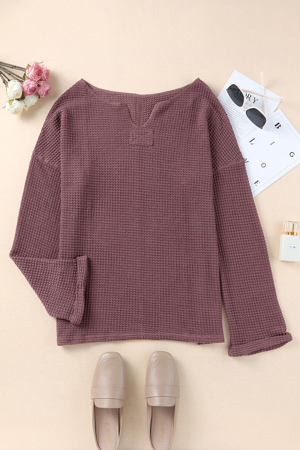 Dusk Blue Waffle Knit Loose Long Sleeve Top