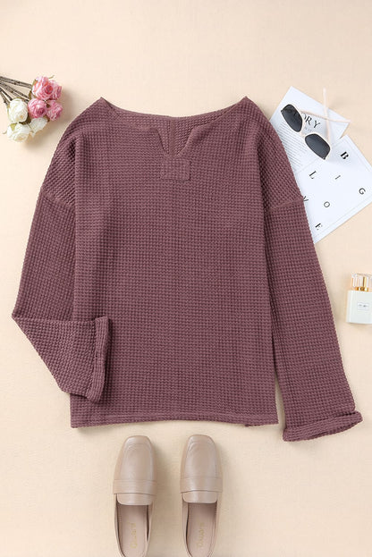 Dusk Blue Waffle Knit Loose Long Sleeve Top