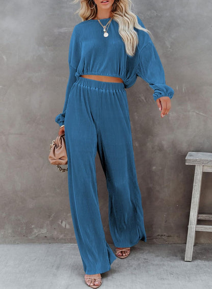 Women's Round-neck Long Sleeve Short Top And Wide Leg Pants Suit
