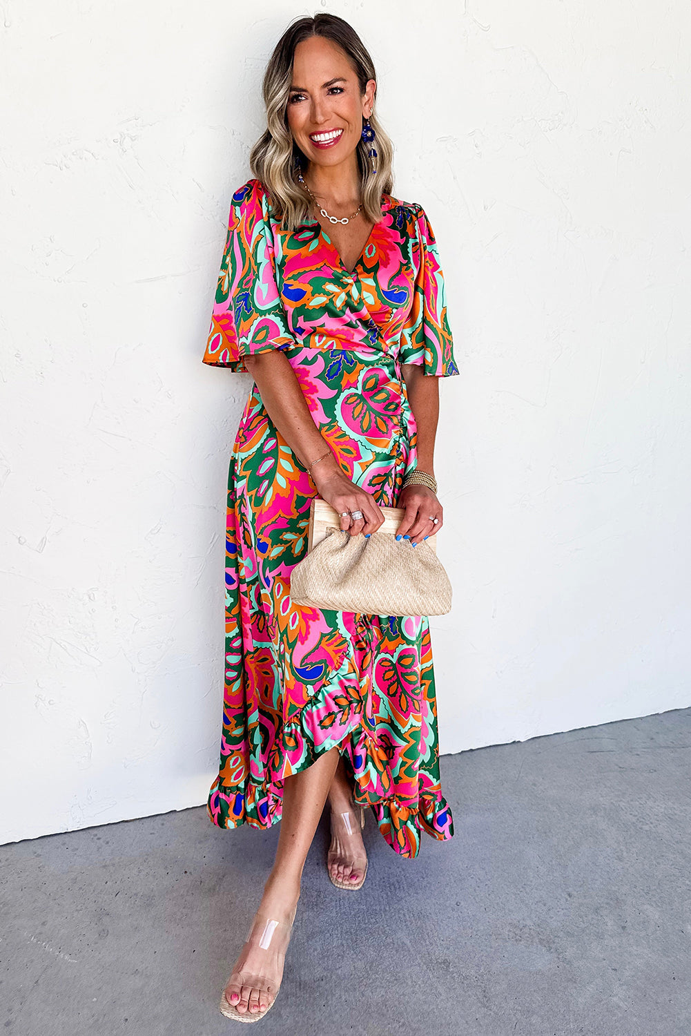 Rose Summer Plant Print Surpliced V Neck Ruffled Asymmetric Slit Wide Short Sleeve Maxi Dress