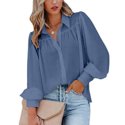 Lantern Sleeve Pleated Solid Color Loose Shirt Long Sleeve Women's Clothing
